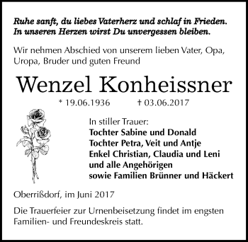 Traueranzeige von Wenzel Konheissner von Mitteldeutsche Zeitung Mansfelder Land