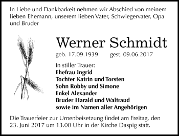 Traueranzeige von Werner Schmidt von Mitteldeutsche Zeitung Merseburg/Querfurt
