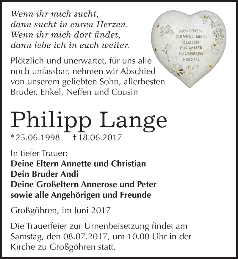  Traueranzeige für Philipp Lange vom 24.06.2017 aus Mitteldeutsche Zeitung Weißenfels