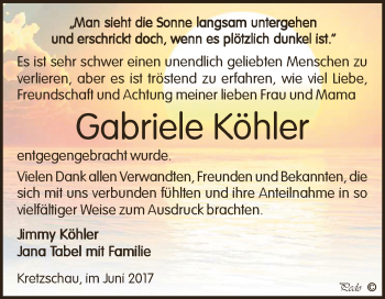 Traueranzeige von Gabriele Köhler von Super Sonntag Zeitz