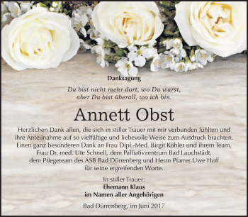 Traueranzeige von Annett Obst von WVG - Wochenspiegel Merseburg