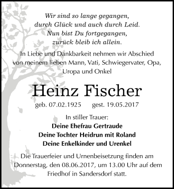 Traueranzeige von Heinz Fischer von Mitteldeutsche Zeitung Bitterfeld