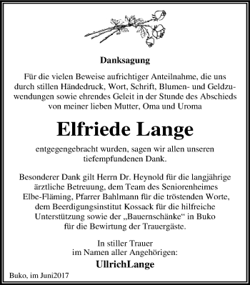 Traueranzeige von Elfriede Lange von Mitteldeutsche Zeitung Wittenberg