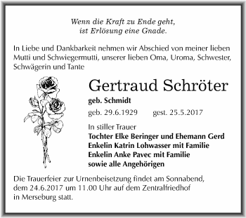 Traueranzeige von Gertraud Schröter von WVG - Wochenspiegel Merseburg