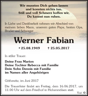 Traueranzeige von Werner Fabian von Mitteldeutsche Zeitung Weißenfels