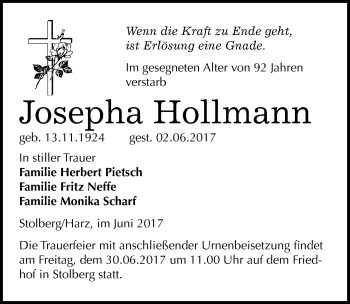 Traueranzeige von Josepha Hollmann von Mitteldeutsche Zeitung Sangerhausen