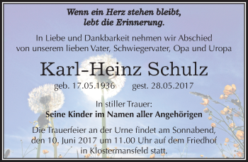 Traueranzeige von Karl-Heinz Schulz von Mitteldeutsche Zeitung Mansfelder Land