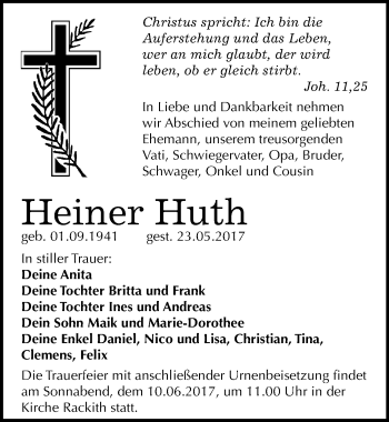 Traueranzeige von Heiner Huth von Mitteldeutsche Zeitung Wittenberg