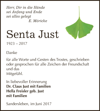 Traueranzeige von Senta Just von Super Sonntag SGH Mansf. Land