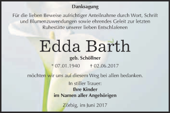 Traueranzeige von Edda Barth von WVG - Wochenspiegel Bitterfeld