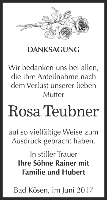 Traueranzeige von Rosa Teubner von WVG - Wochenspiegel NMB / WSF / ZTZ