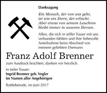 Traueranzeige von Franz Adolf Brenner von Mitteldeutsche Zeitung Sangerhausen