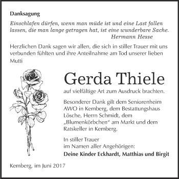 Traueranzeige von Gerda Thiele von WVG - Wochenspiegel Wittenberg