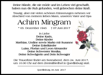 Traueranzeige von Achim Mingram von WVG - Wochenspiegel Quedlinburg