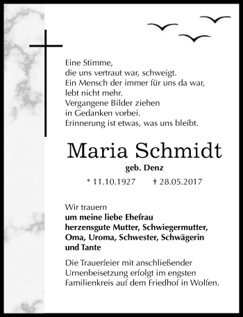Traueranzeige von Maria Schmidt von Mitteldeutsche Zeitung Bitterfeld