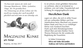 Traueranzeige von Magdalene Klinke von Mitteldeutsche Zeitung Weißenfels