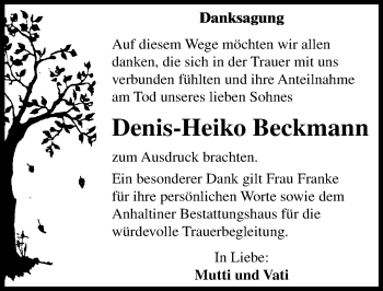 Traueranzeige von Denis-Heiko Beckmann von Mitteldeutsche Zeitung Dessau-Roßlau