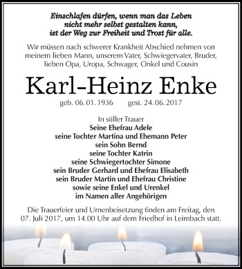 Traueranzeige von Karl-Heinz Enke von Super Sonntag SGH Mansf. Land