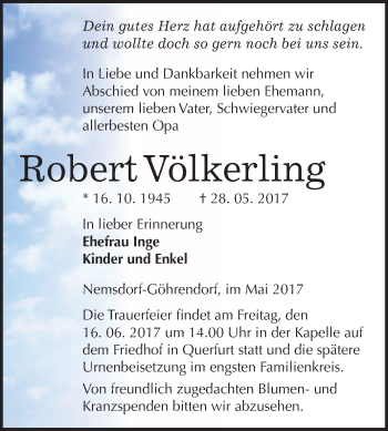 Traueranzeige von Robert Völkerling von WVG - Wochenspiegel Merseburg