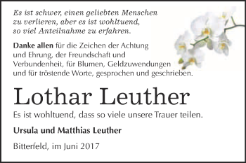 Traueranzeige von Lothar Leuther von WVG - Wochenspiegel Bitterfeld