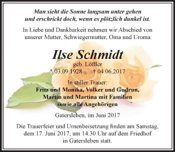Traueranzeige von Ilse Schmidt von Mitteldeutsche Zeitung Aschersleben