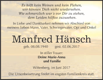 Traueranzeige von Manfred Hänsch von Super Sonntag Wittenberg