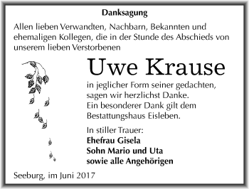 Traueranzeige von Uwe Krause von Mitteldeutsche Zeitung Mansfelder Land