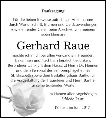 Traueranzeige von Gerhard Raue von WVG - Wochenspiegel Dessau / Köthen