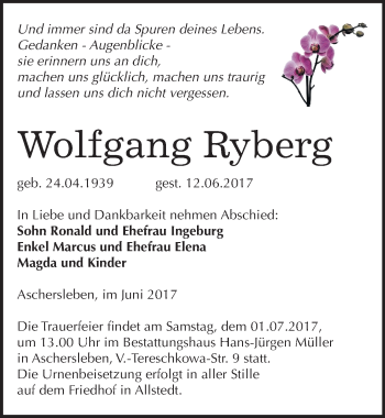 Traueranzeige von Wolfgang Ryberg von Mitteldeutsche Zeitung