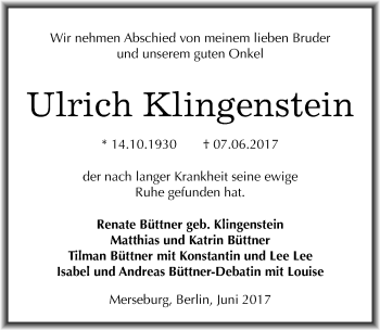 Traueranzeige von Ulrich Klingenstein von Mitteldeutsche Zeitung Merseburg/Querfurt