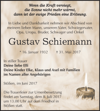 Traueranzeige von Gustav Schiemann von Super Sonntag Zeitz