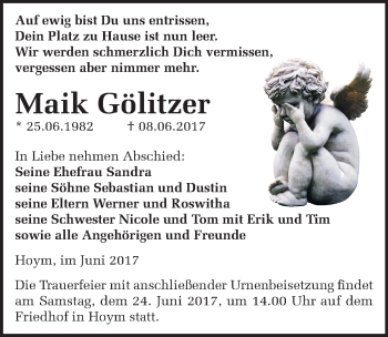 Traueranzeige von Maik Gölitzer von Mitteldeutsche Zeitung Aschersleben