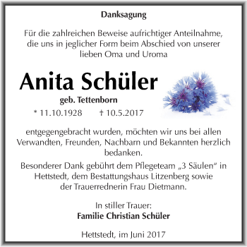 Traueranzeige von Anita Schüler von Wochenspiegel Mansfelder Land