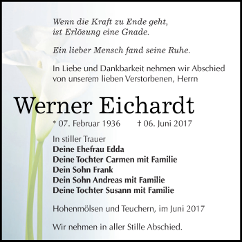 Traueranzeige von Werner Eichardt von WVG - Wochenspiegel NMB / WSF / ZTZ