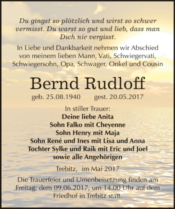 Traueranzeige von Bernd Rudloff von Mitteldeutsche Zeitung Wittenberg