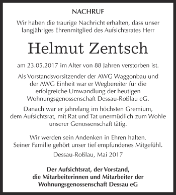 Traueranzeige von Helmut Zentsch von Super Sonntag Dessau / Köthen