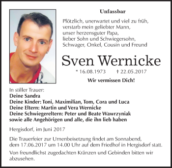 Traueranzeige von Sven Wernicke von Mitteldeutsche Zeitung Mansfelder Land