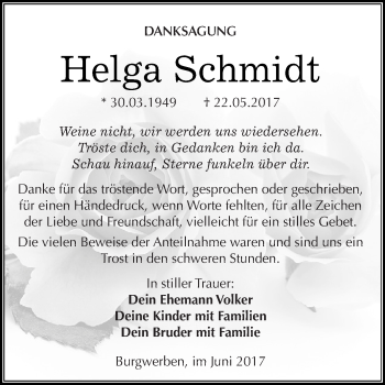 Traueranzeige von Helga Schmidt von WVG - Wochenspiegel NMB / WSF / ZTZ