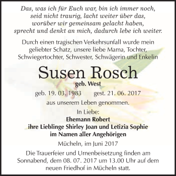 Traueranzeige von Susen Rosch von WVG - Wochenspiegel Merseburg