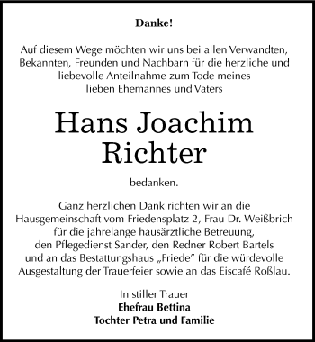 Traueranzeige von Hans Joachim Richter von Mitteldeutsche Zeitung Dessau-Roßlau
