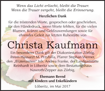 Traueranzeige von Christa Kaufmann von Mitteldeutsche Zeitung Bitterfeld