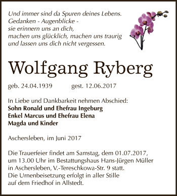 Traueranzeige von Wolfgang Ryberg von Super Sonntag Aschersleben