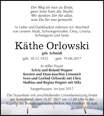 Traueranzeige von Käthe Orlowski von Super Sonntag SGH Mansf. Land