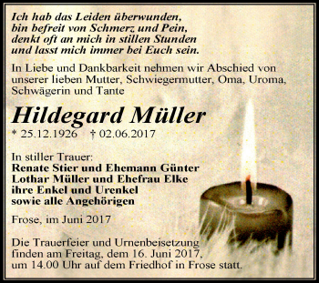 Traueranzeige von Hildegard Müller von Super Sonntag Aschersleben
