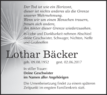 Traueranzeige von Lothar Bäcker von WVG - Wochenspiegel Bitterfeld