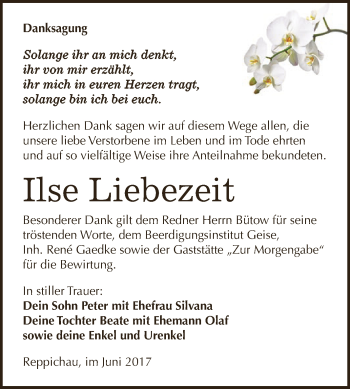 Traueranzeige von Ilse Liebezeit von WVG - Wochenspiegel Dessau / Köthen