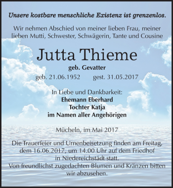 Traueranzeige von Jutta Thieme von Mitteldeutsche Zeitung Merseburg/Querfurt