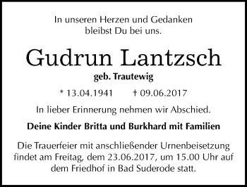 Traueranzeige von Gudrun Lantzsch von Mitteldeutsche Zeitung Quedlinburg