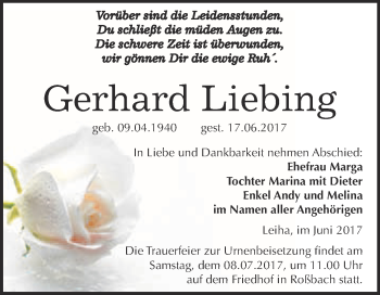Traueranzeige von Gerhard Liebing von WVG - Wochenspiegel Merseburg