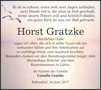 Traueranzeige von Horst Gratzke von WVG - Wochenspiegel Wittenberg